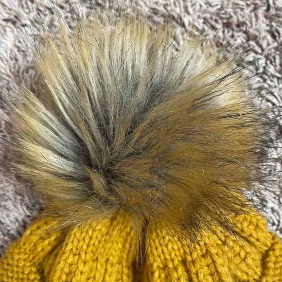C.C Winter Beanie Mustard Yellow with Faux Fur Pom - Picture 4 of 5